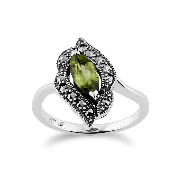 Gemondo Anello in argento con peridoto da 0,52 ct e marcasite da 0,19 ct in stile Art Nouveau