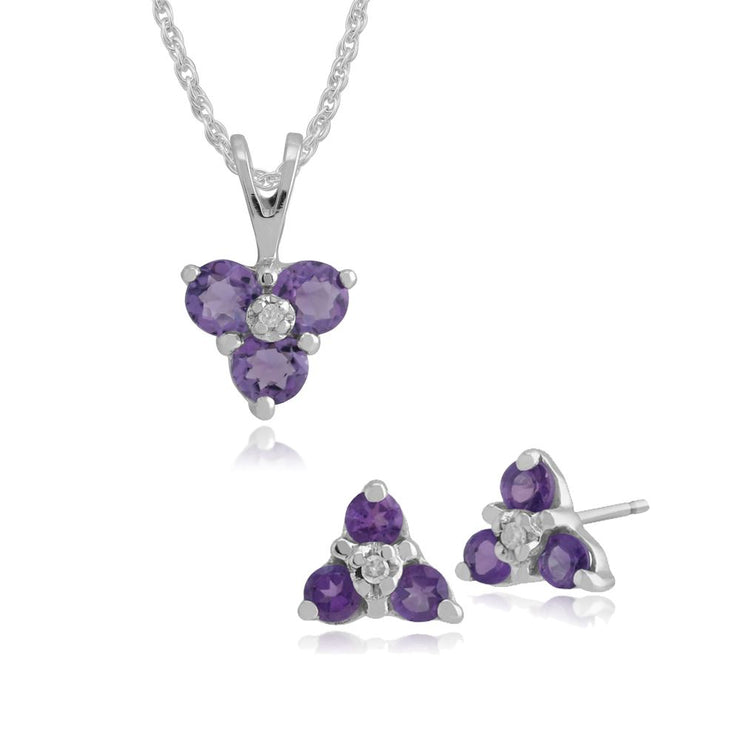 Orecchini a lobo e pendente floreale Tanzanite in oro bianco 375 e diamanti