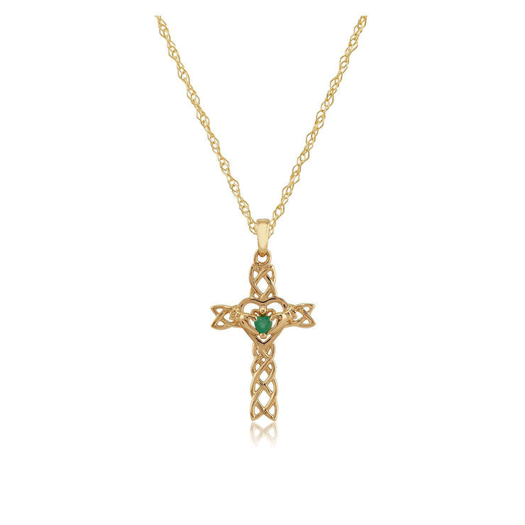 Ciondolo croce classico Claddagh 375 cuore di smeraldo in oro giallo