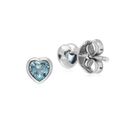 Orecchini a bottone a cuore con pietra singola in argento sterling con topazio blu