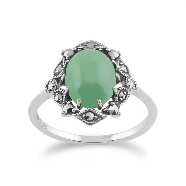 Anello Gemondo in argento 925 con giada verde e marcasite di ispirazione vintage in stile Art Nouveau