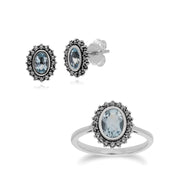 Anello in argento 925 stile Art Déco ovale con topazio blu e marcasite Halo e orecchini a bottone