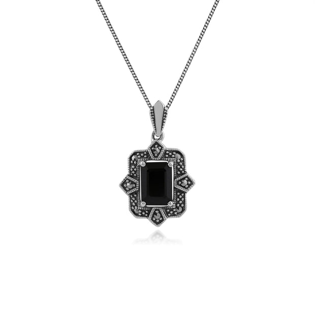 Anello e orecchini pendenti in stile Art Déco in argento 925 con baguette nera e castone in marcasite