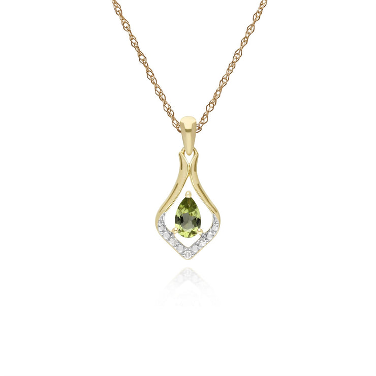 Collana con peridoto, pendente classico a foglia con peridoto rotondo e diamanti in oro giallo da 9 ct su catena da 45 cm