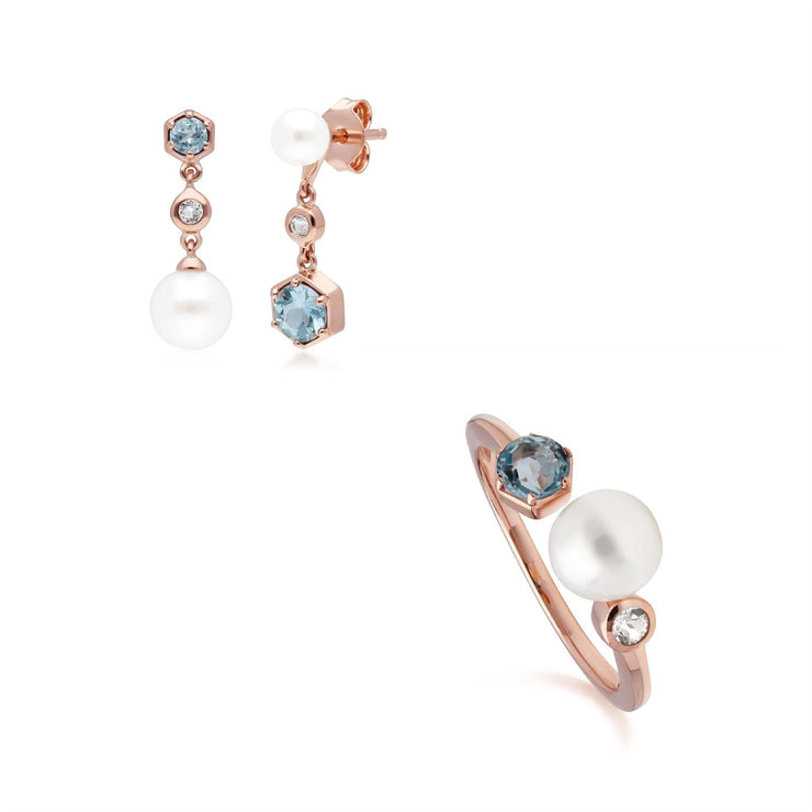 Anello e orecchini con perle moderne Argento 925 placcato oro rosa Topazio e perla