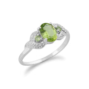 Anello in oro bianco da 9 ct con peridoto naturale da 0,84 ct e diamante da 1,6 pt con tre pietre