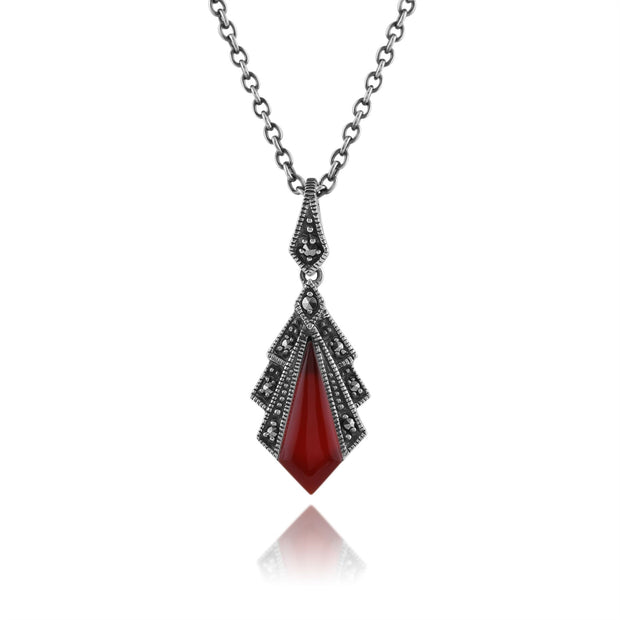 Collana con pendente in stile Art Déco e orecchini a ventaglio Argento 925 con corniola e marcasite