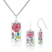 Collana e orecchini con ciondolo stile Rennie Mackintosh in argento 925 con smalto rettangolare rosa Glasgow