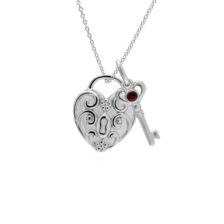 Ciondolo classico con lucchetto a cuore intrecciato in argento 925 e ciondoli chiave in granato