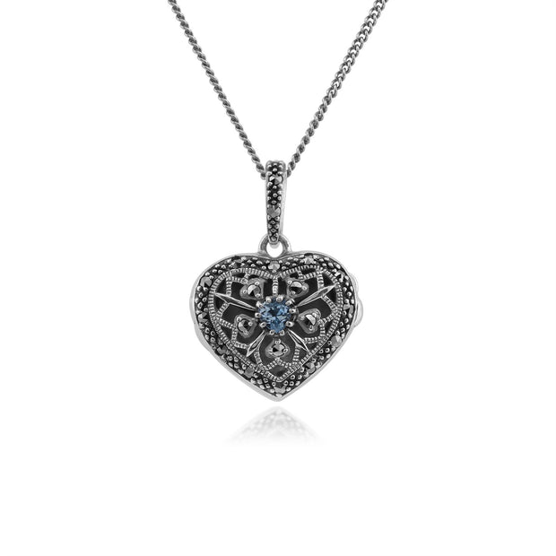 Collana Portafoto Cuore Stile Art Nouveau Argento 925 Acquamarina e Marcasite