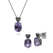 Orecchini a lobo e pendante collana in stile Art Déco Argento 925 con ametista ovale e marcasite