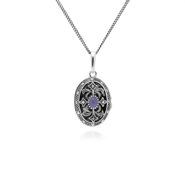 Collana portafoto in stile Art Nouveau in argento 925 con giada lavanda ovale