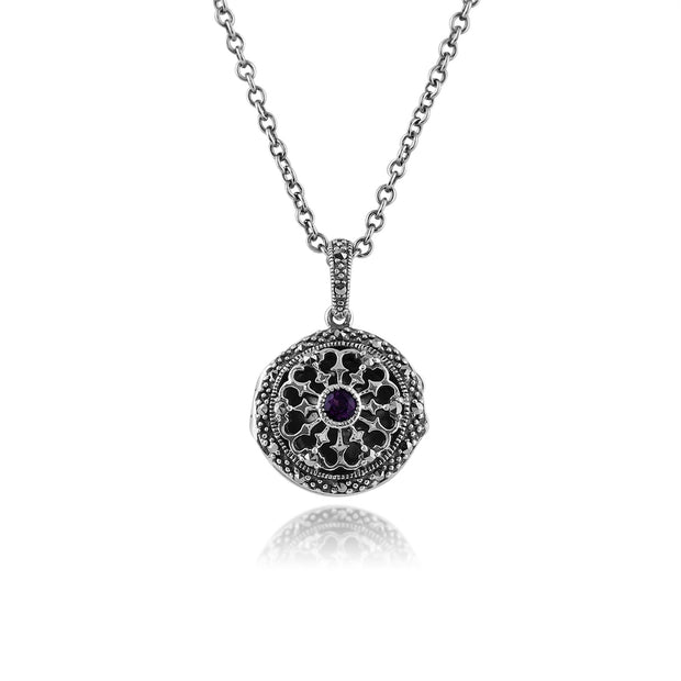 Collana portafoto in stile Art Nouveau in argento 925 tondo con ametista e marcasite