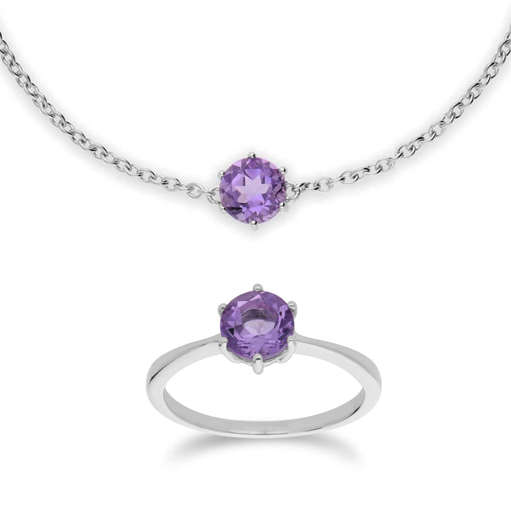 Bracciale geometrico e anello in argento 925 con ametista ottagonale