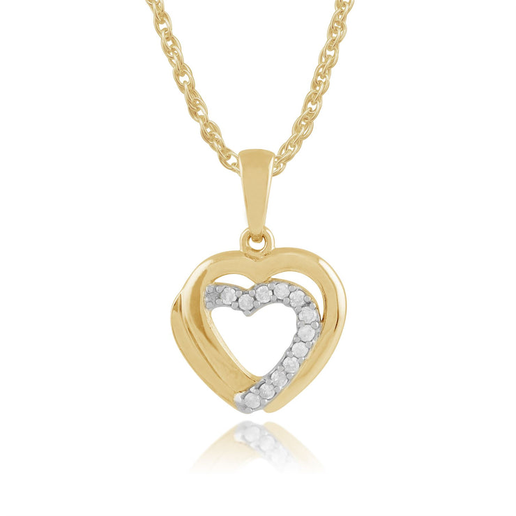 Ciondolo a forma di cuore con diamanti da 0,06 ct, in oro giallo da 9 ct su catena