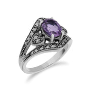 Anello Gemondo con ametista, anello in argento sterling con ametista e marcasite in stile Art Nouveau - Ametista