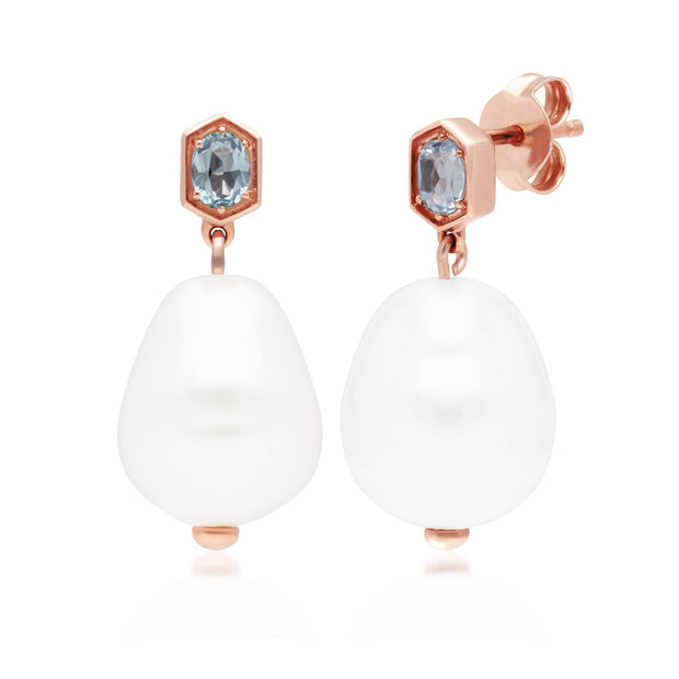 Orecchini pendenti con perle moderne Argento 925 placcato oro rosa Perla barocca e topazio azzurro