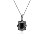 Orecchini pendenti e pendenti in stile Art Déco in argento 925 con baguette nera e castone in marcasite