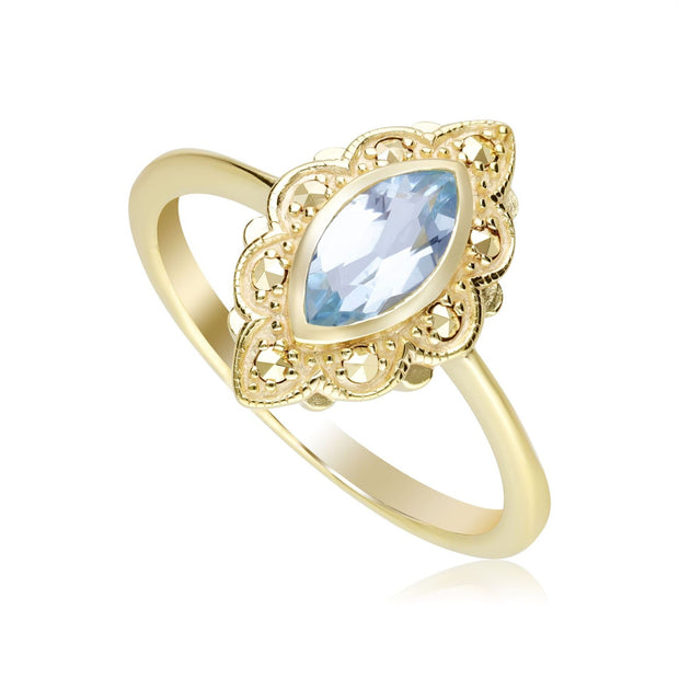 Anello in stile Art Nouveau in Argento 925 Dorato con Topazio Blu Marchese in Oro Pregiato e Marcasite