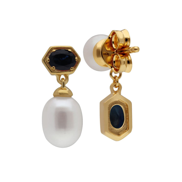 Orecchini pendenti asimmetrici con perle moderne Argento 925 placcato oro Perla e zaffiro