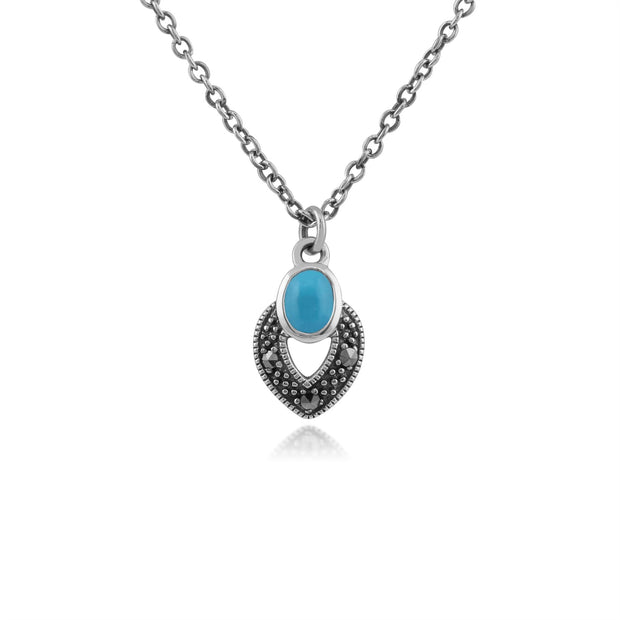 Collana in stile Art Déco Argento 925 ovale con turchese e marcasite