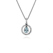 Collana in argento sterling con gocce d'acqua, topazio azzurro e marcasite rotonda da 45 cm