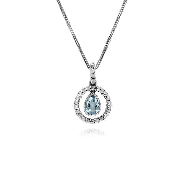 Collana in argento sterling con gocce d'acqua, topazio azzurro e marcasite rotonda da 45 cm