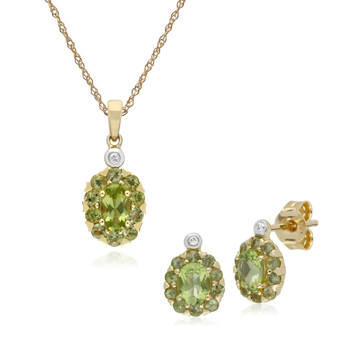 Classici orecchini a lobo e pendenti in oro giallo 375 con peridoto e cluster di diamanti