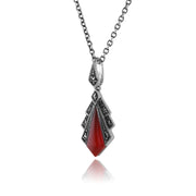 Collana con pendente in stile Art Déco e orecchini a ventaglio Argento 925 con corniola e marcasite