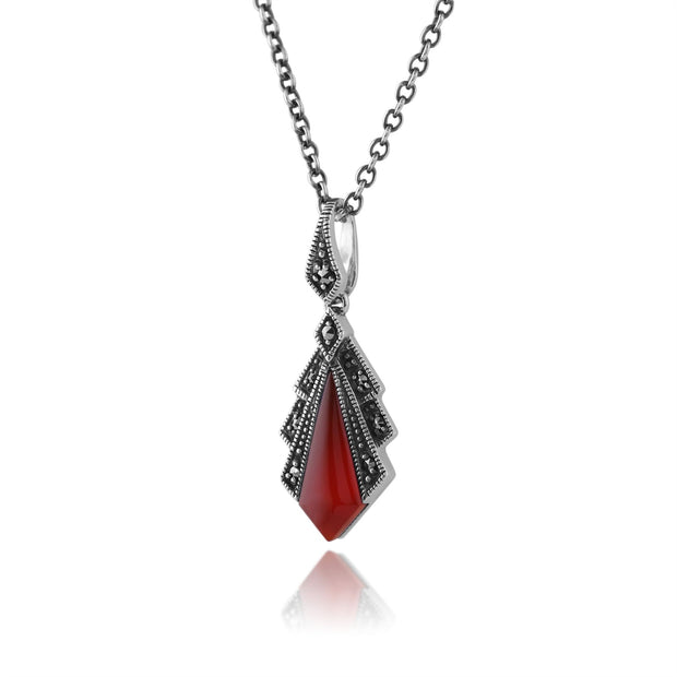 Collana con pendente in stile Art Déco e orecchini a ventaglio Argento 925 con corniola e marcasite