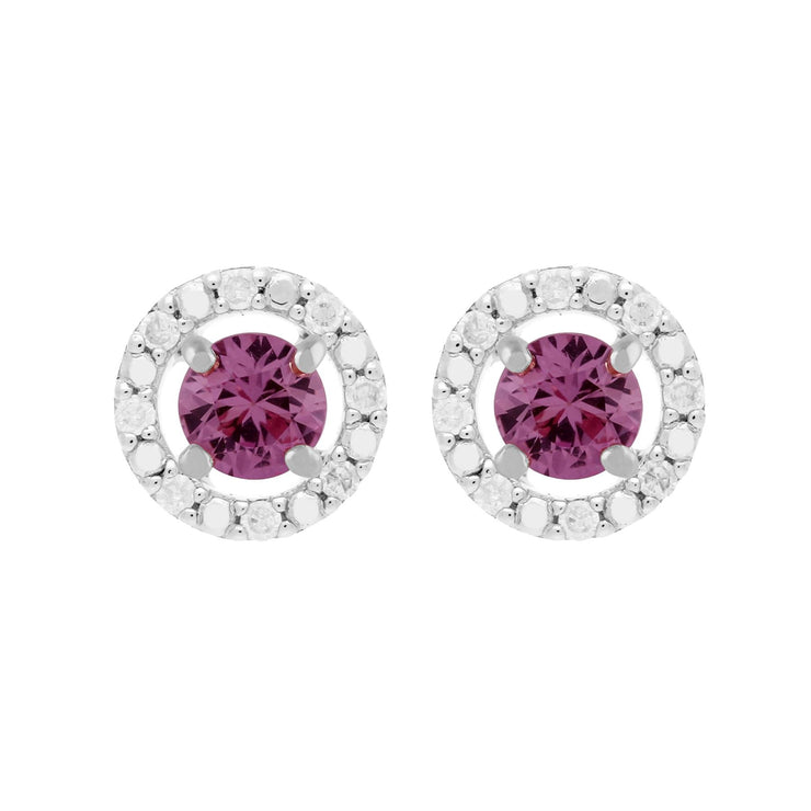 Orecchini a bottone classici con zaffiro rosa in oro bianco 375 e rivestimento per l'orecchio con diamanti rotondi