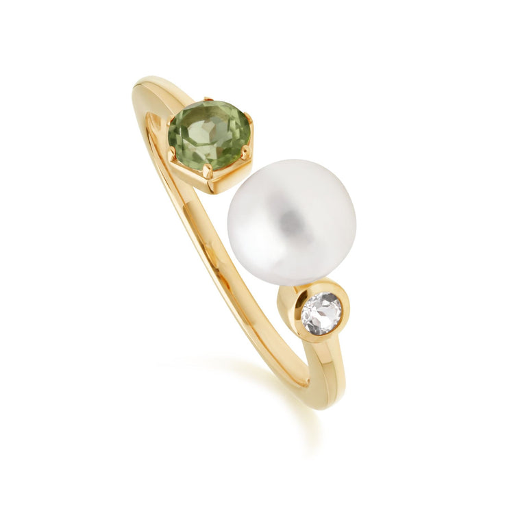 Anello aperto con perla moderna Argento 925 placcato oro Perla, peridoto e topazio