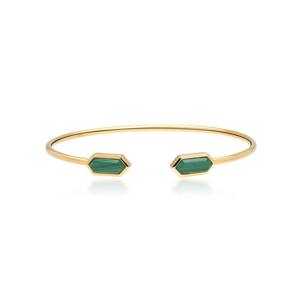 Bracciale rigido geometrico in argento 925 placcato oro giallo con malachite