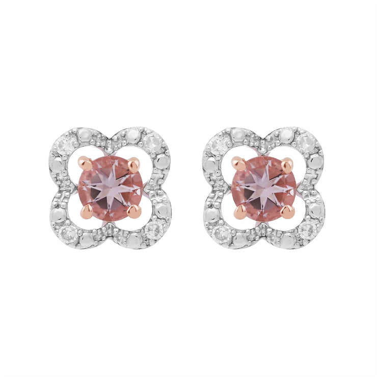 Orecchini classici con morganite in oro rosa 375 e rivestimento per orecchie con fiori di diamanti