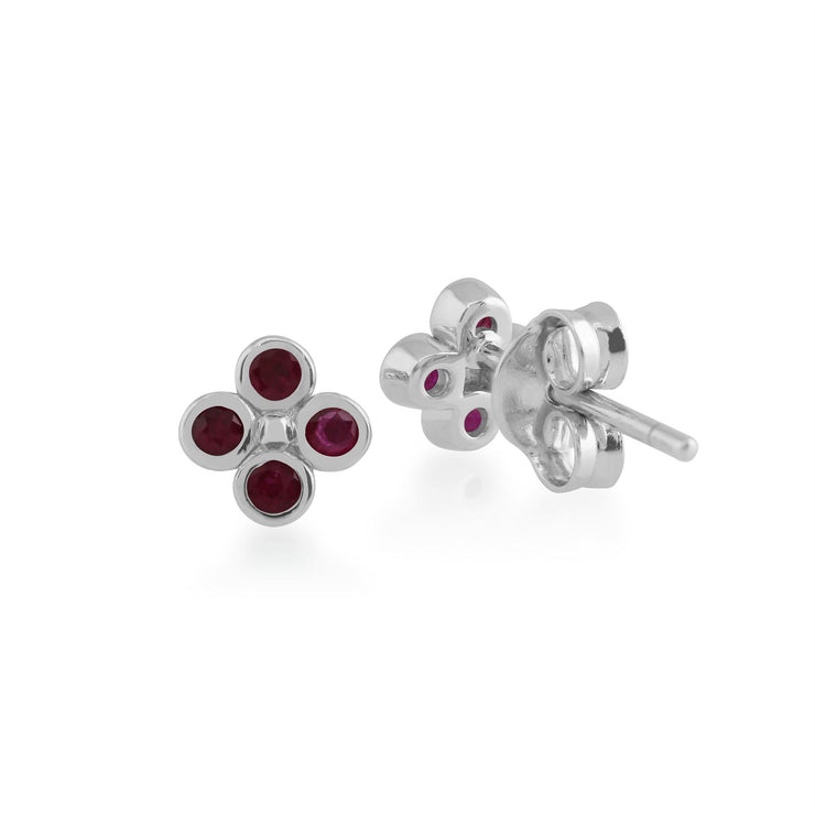 Orecchini a lobo floreali con trifoglio in argento sterling 925 con castone di rubino