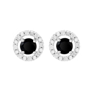 Orecchini a bottone classici in onice nero in oro bianco 375 e rivestimento per l'orecchio con diamanti rotondi