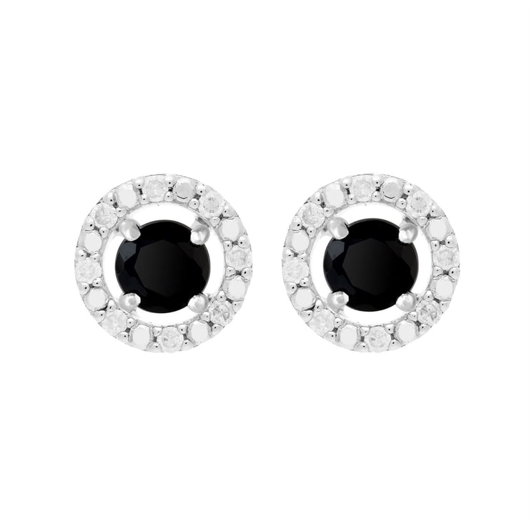Orecchini a bottone classici in onice nero in oro bianco 375 e rivestimento per l'orecchio con diamanti rotondi