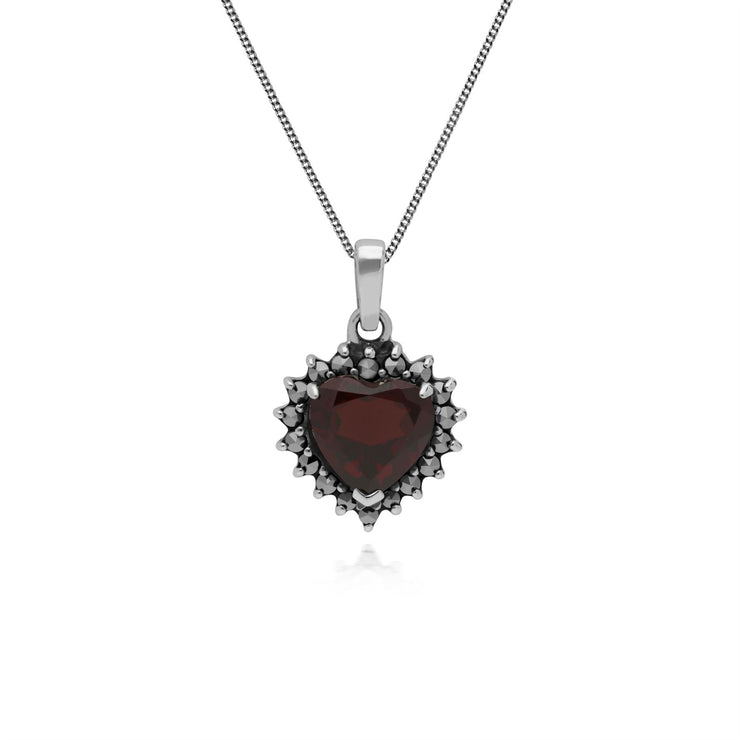 Collana  pendente con granato e marcasite ,a cuore in argento sterling con catena da 45 cm