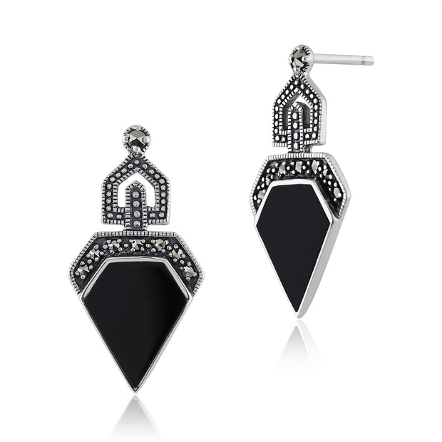 Orecchini pendenti in stile Art Déco in argento 925 con cabochon in onice nero e marcasite