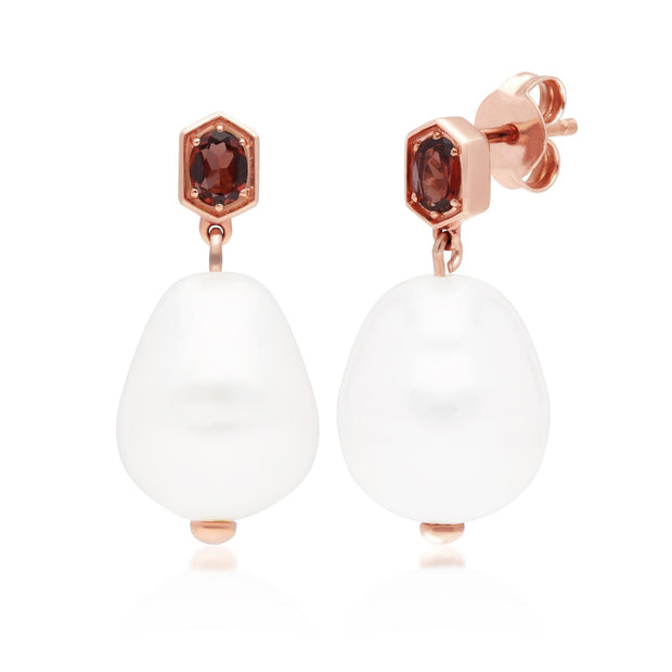 Orecchini pendenti con perle barocche e granati in argento 925 placcato oro rosa