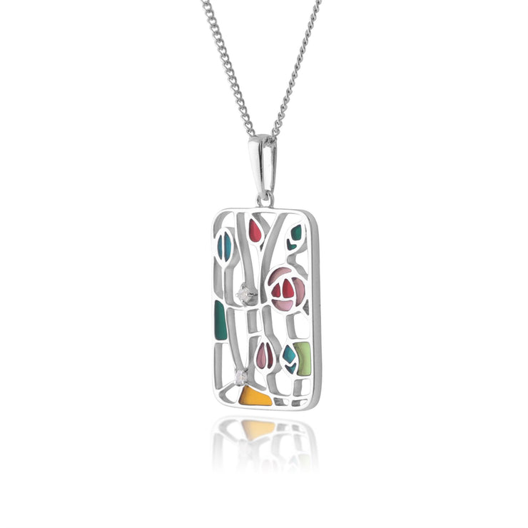 Orecchini pendenti e pendenti rettangolari stile Rennie Mackintosh in argento 925 con topazio rotondo e smalto