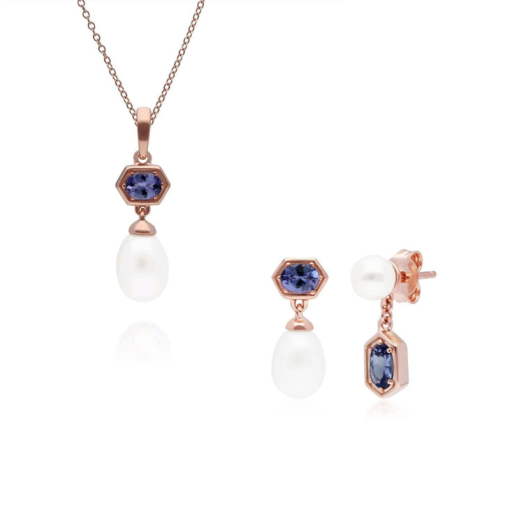 Ciondolo e orecchini di perle moderne in argento 925 dorato con tanzanite in oro rosa pregiato e perla