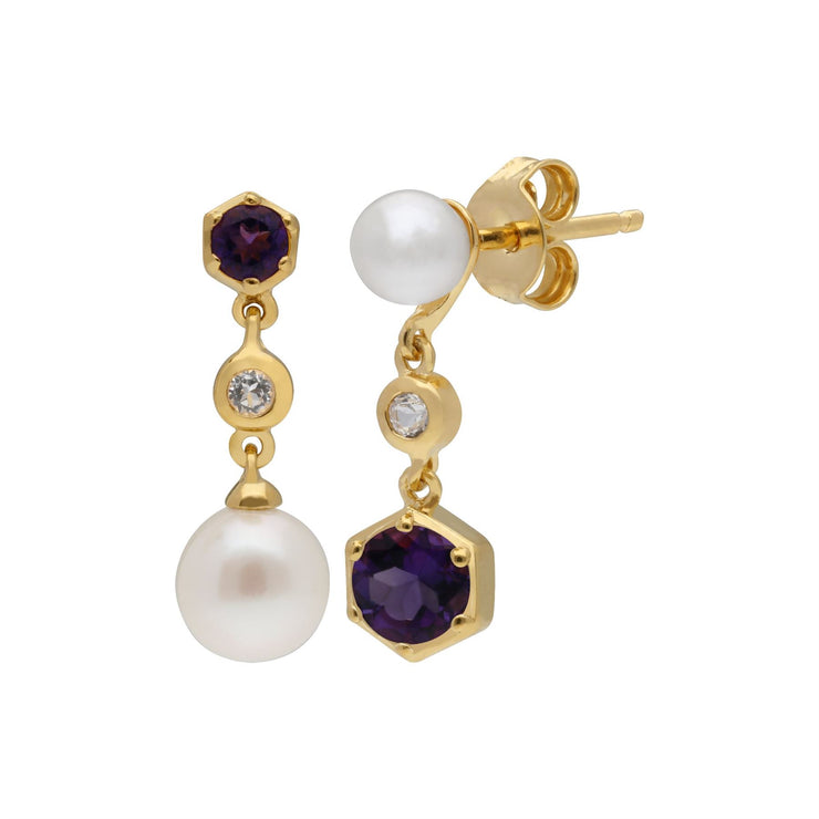 Orecchini pendenti asimmetrici con perle moderne Argento 925 placcato oro Perla, ametista e topazio