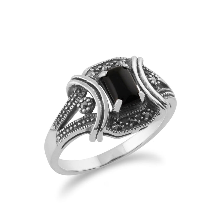 Anello Gemondo Art Déco, argento sterling 925 da 0,58 ct, onice nero, marcasite e anello Art Déco