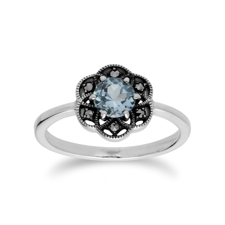 Anello Gemondo con topazio azzurro, anello in argento sterling con topazio azzurro e fiore marcasite - TOPAZIO