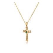 Ciondolo croce classico Claddagh 375 cuore di smeraldo in oro giallo