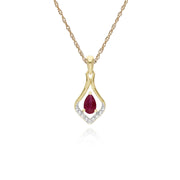 Collana con rubini, pendente classico a foglia ovale in oro giallo da 9 ct con rubino e diamanti su catena da 45 cm