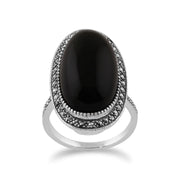 Gemondo Bague Style Art Déco, Argent 19.33ct Onyx Noir & Marcassite Ovale Cocktail Bague Style