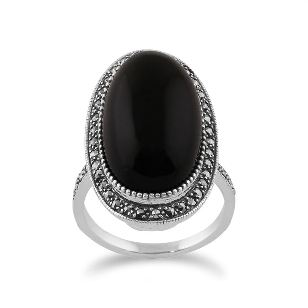 Gemondo Bague Style Art Déco, Argent 19.33ct Onyx Noir & Marcassite Ovale Cocktail Bague Style