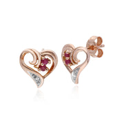 Orecchini con rubini, orecchini a lobo a cuore con rubini e diamanti in oro rosa da 9 ct da 0,10 ct